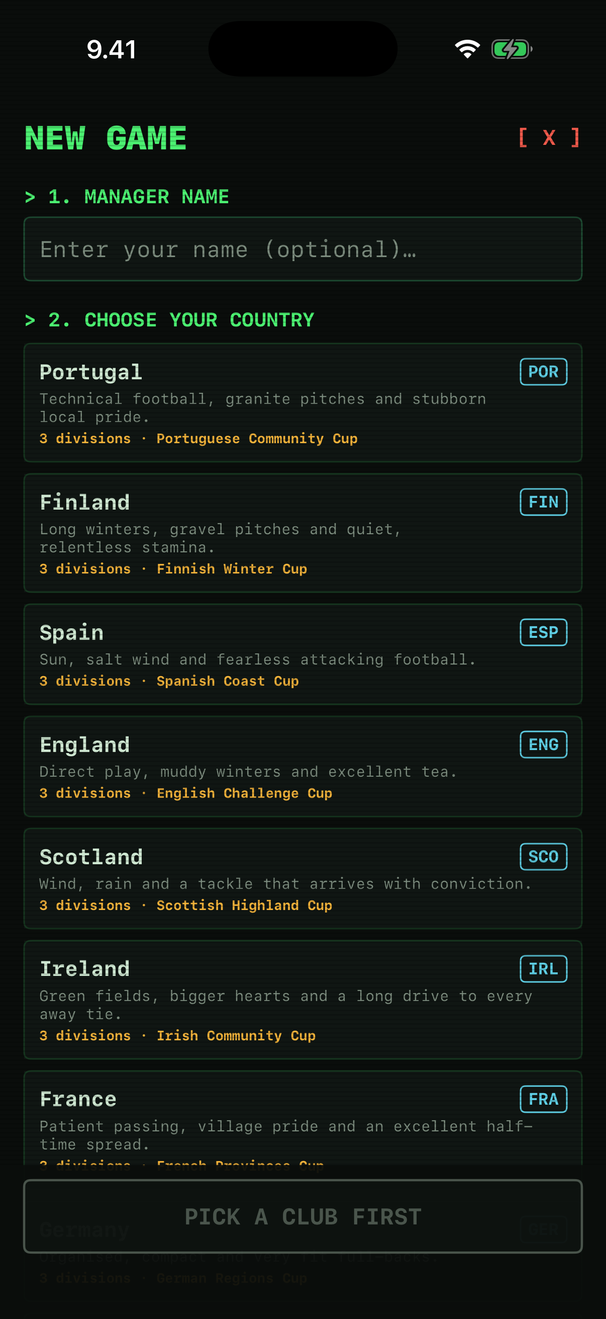 New game country selection