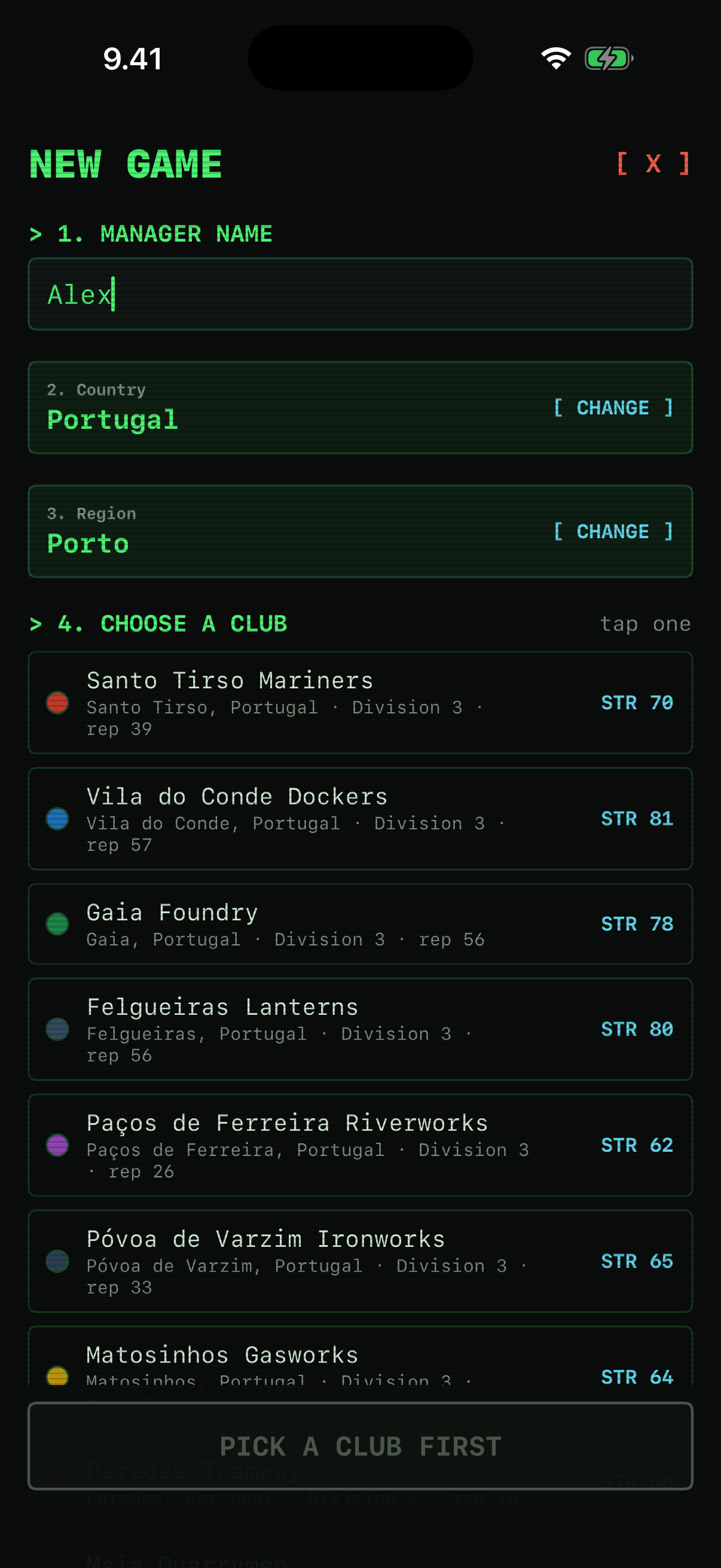 Local Legend FC club selection screenshot