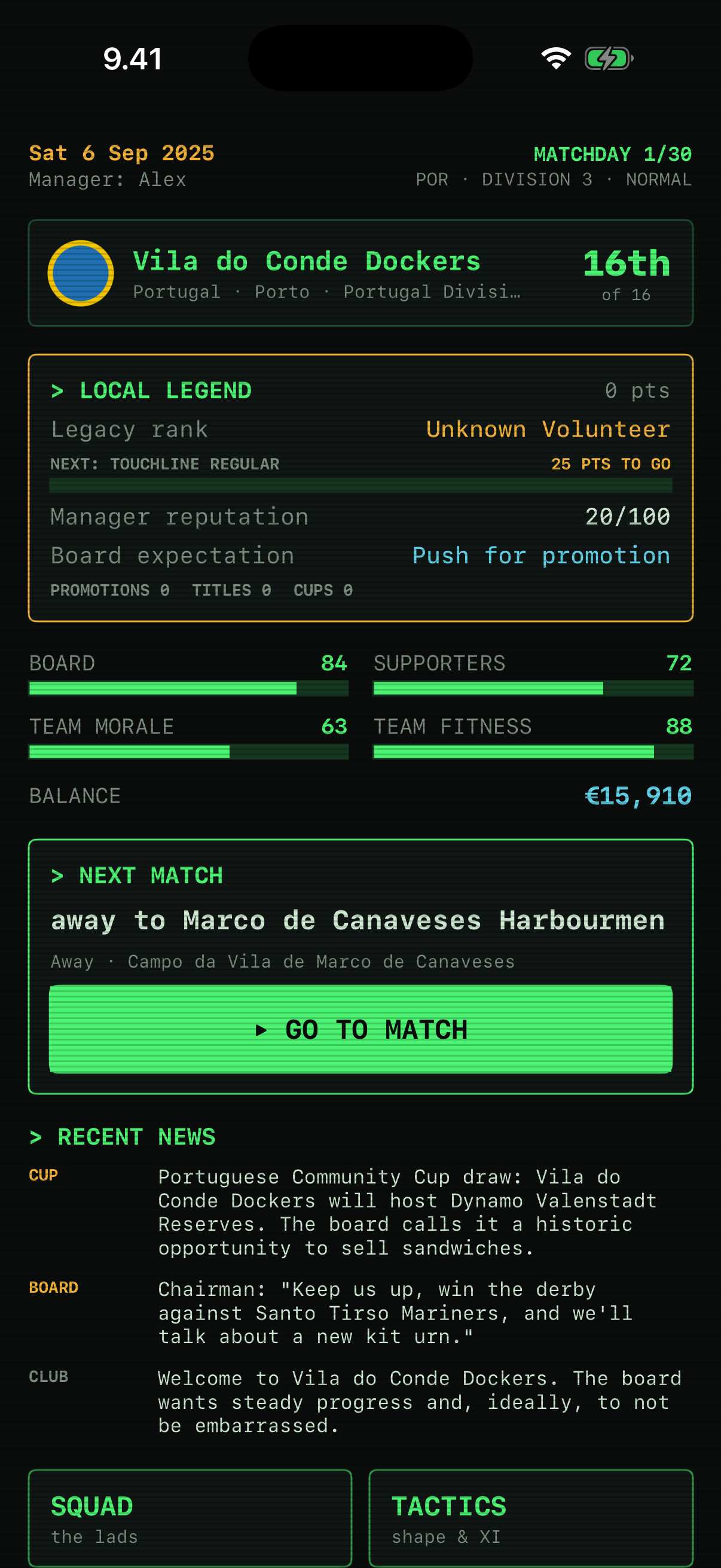 Local Legend FC dashboard screenshot