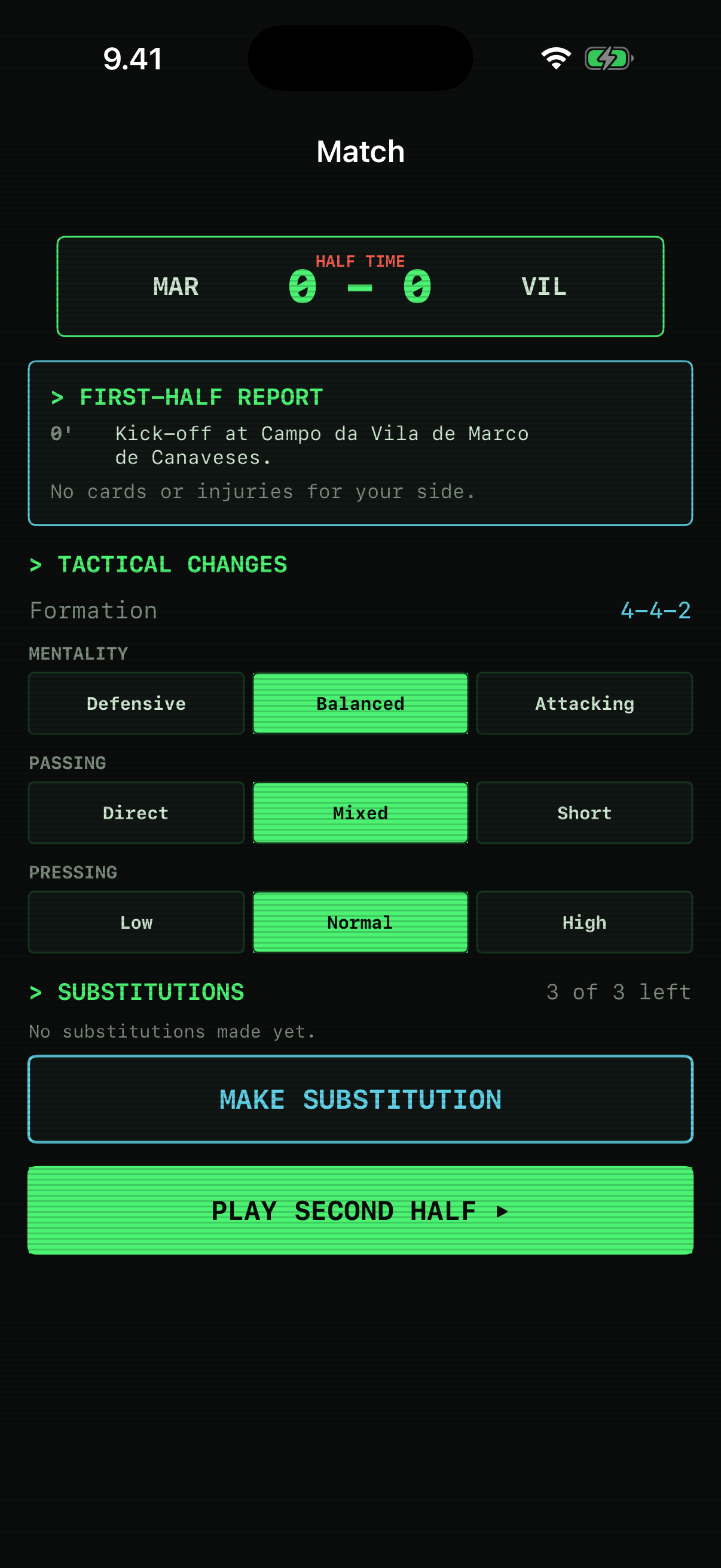 Half-time substitutions screen